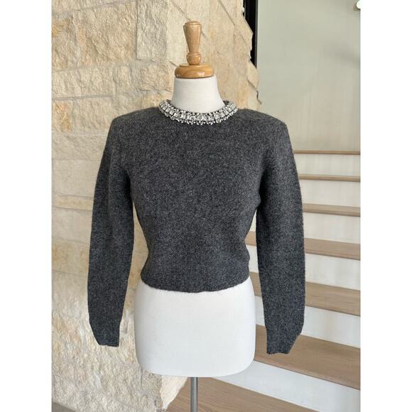 SELF-PORTRAIT Cropped crystal-embellished knitted sweater Gray Size Large - Picture 6 of 11